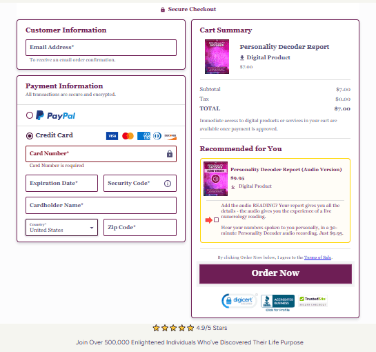 Numerologist checkout page 